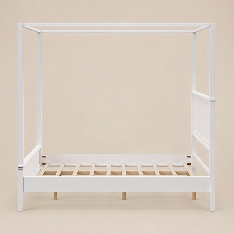 Lit plateforme à baldaquin en bois de style moderne du milieu du siècle avec tête de lit, lit à baldaquin rustique de style ferme avec pieds fuselés