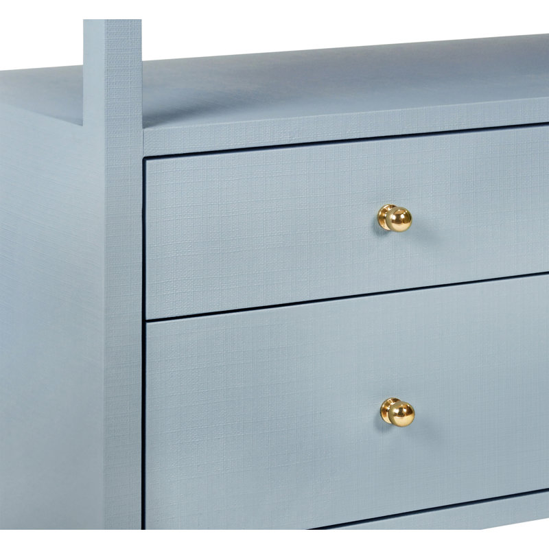 Six Drawer Console With Open Shelf In Burl Wood With Polished Brass Knobs, Light Blue