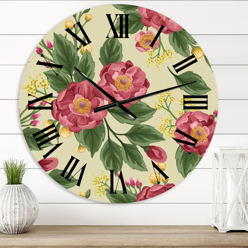 Vintage pivoines et pois sucrés sur beige - horloge murale traditionnelle, Petit