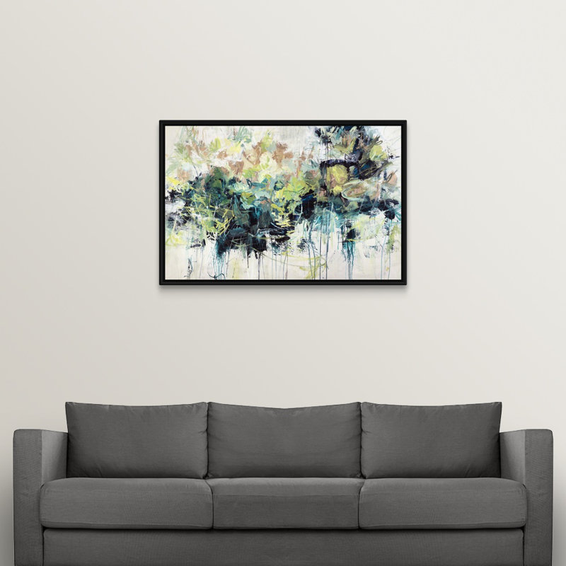 « joyful jungle », peinture sur toile, H 33,7 po x l 49,7 po x P 1,75 po, Cadre flottant noir