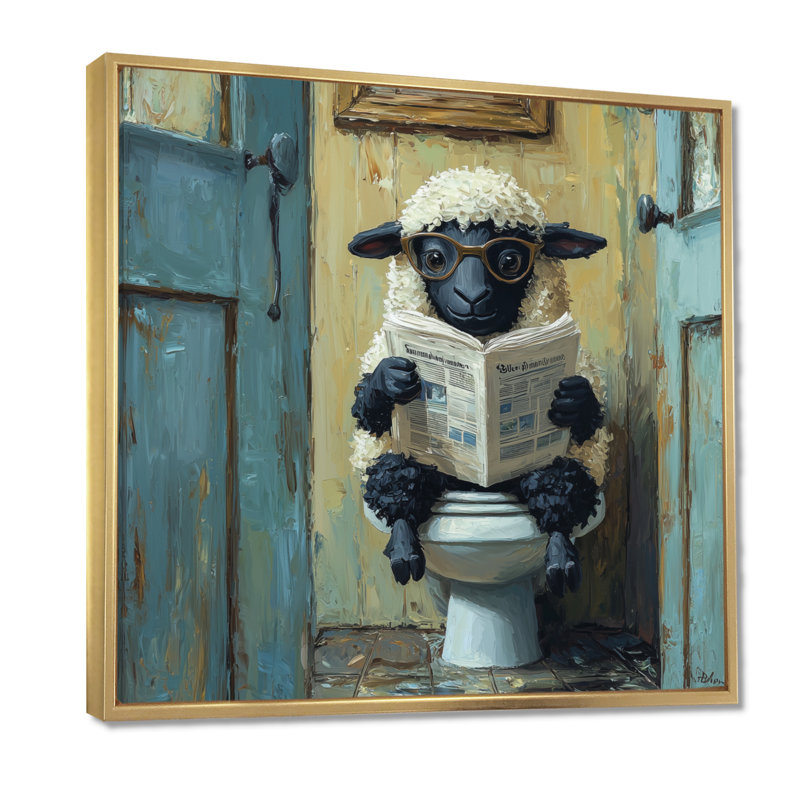"Keyairra", mouton lisant un journal dans la salle de bain I, H 36 po x l 36 po, Impression encadrée flottante, Doré
