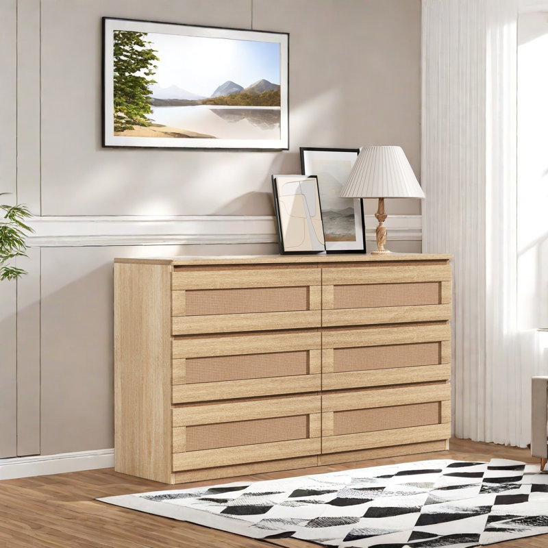 6 Drawer Dresser, Rattan Dresser For Bedroom, Chest Of Drawers For Bedroom, Hallway, Living Room, Oak