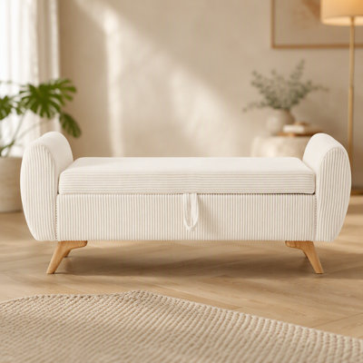 Banc rembourré en velours côtelé de 57 po de style moderne avec pieds de rangement en bois pour chambre à coucher, couloir, beige 57 po