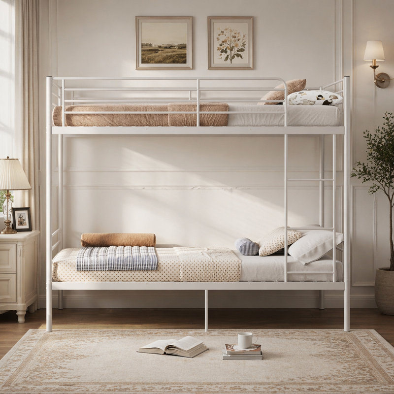 Lit superposé avec échelle et garde-corps élevé, capable de se diviser, lit superposé en métal, espace de rangement, silencieux, taille simple sur simple, blanc