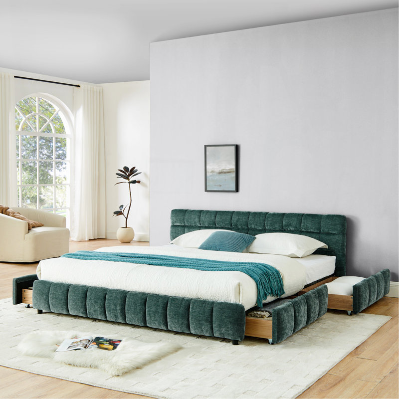 Très grand lit tapissier, cadre de lit rembourré confortable, tissu chenille, avec tête de lit et cadre de lit solide. Avec tiroir pour rangement - Vert (88,5 po x 85,5 po x 31 po)