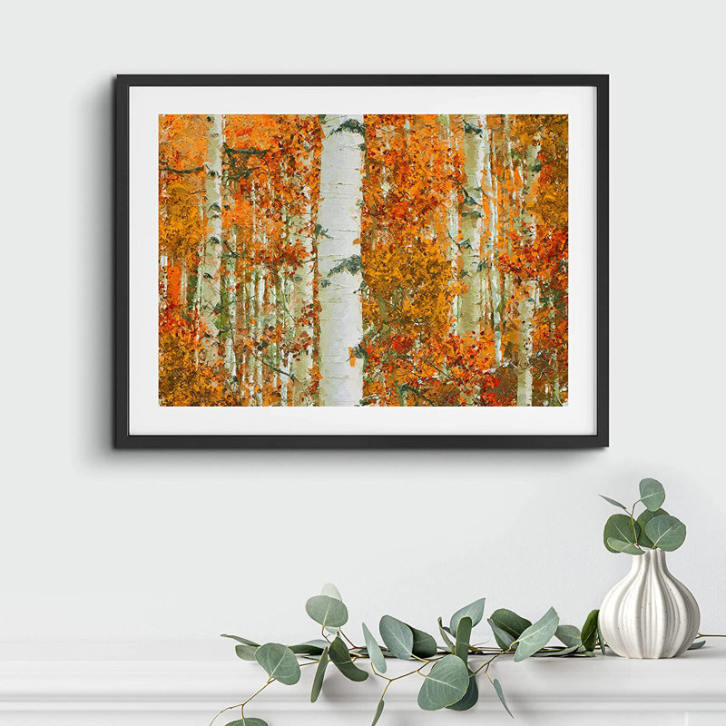 Feuilles de forêt orange vif - peinture encadrée, Noir