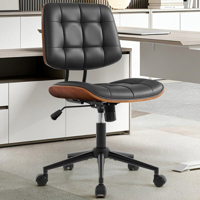 Armless Small Office Chair with Wheels, Walnut Adjustable Back 4-Level Lift, 360° Swivel, PU Leather Computer Desk Chair