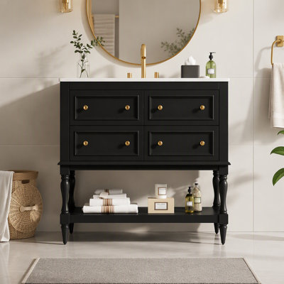 Ensemble de meuble-lavabo avec lavabo 36 po, lavabo en céramique encastré, ensemble de meuble-lavabo autoportant avec 4 tiroirs, meuble-lavabo à cadre en bois massif, noir