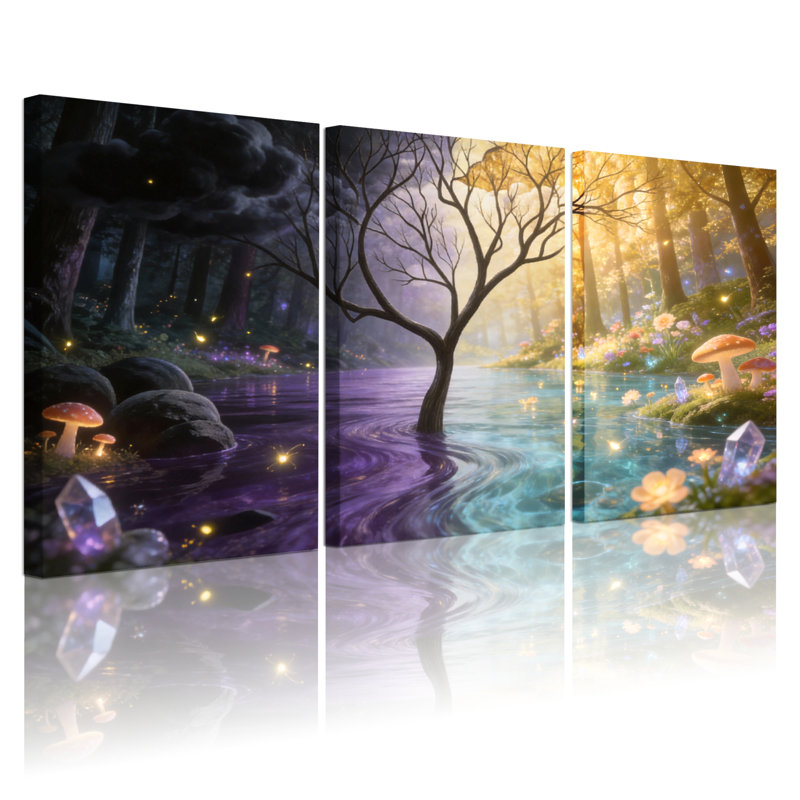 Forêt fantastique avec champignons et cristaux - Ensemble de 3 tableaux sur toile tendue, 2030