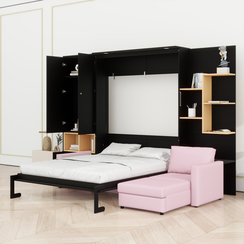 Grand lit escamotable avec canapé et tablettes de rangement, station de charge et lumière DEL, armoire murale escamotable en bois avec canapé et armoire de rangement