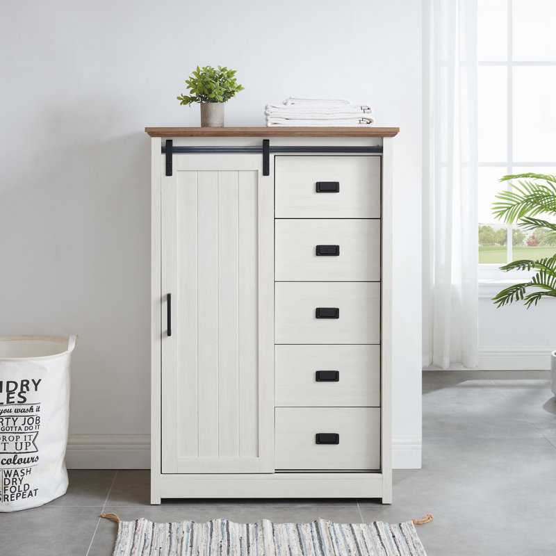 Commode décorative de ferme avec porte de grange coulissante et 5 tiroirs - Charme rustique et rangement pratique