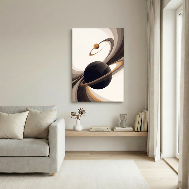 «Ringed Planets in Abstract Swirling», art mural sur toile beige et noir, H 18 po x l 12 po