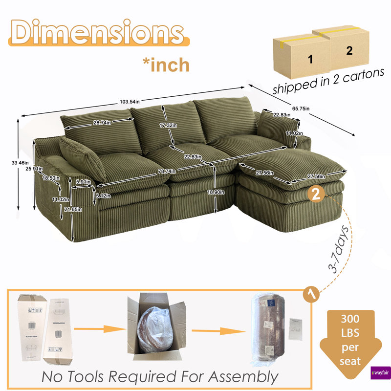 Canapé en forme de L à compression en L 103,54 po avec repose-pieds Worthland., Vert