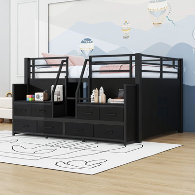 8 Drawers Full Low Loft Bed with Storage Staircase and Built-in Lighting
