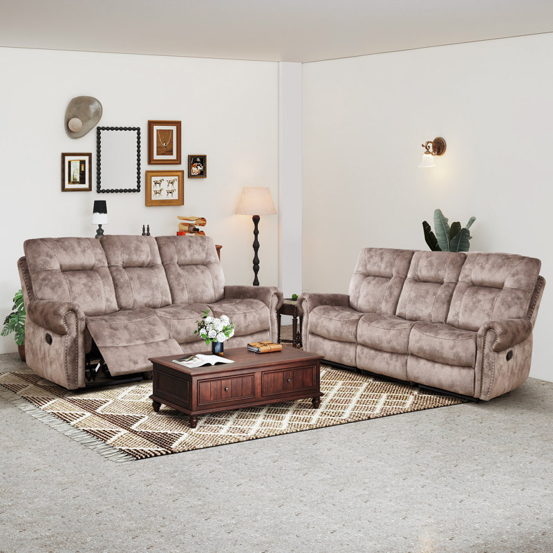 85.43'' Wide Classic Microfiber Manual Reclining Sofa With Dual Side Pull Levers & Nailhead Trim (Set Of 2), Distressed Mocha