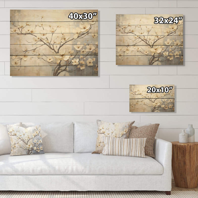 «Peacefulness White Dogwood» - art mural en bois de cornouiller sur bois de pin naturel, H 10 po x l 20 po