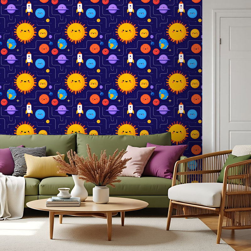 Papier peint auto-adhésif pour enfants, planches, fusée, planètes, étoiles, fusée pour enfants, auto-adhésif et amovible 17,7 po x 118 po (45 x 300 cm)