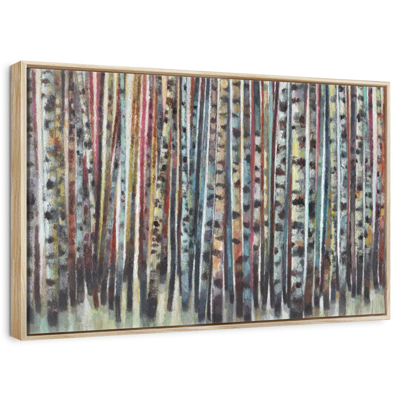 Forêt de bouleaux peinte, 25 po x 17 po, Cadre flottant en bois naturel