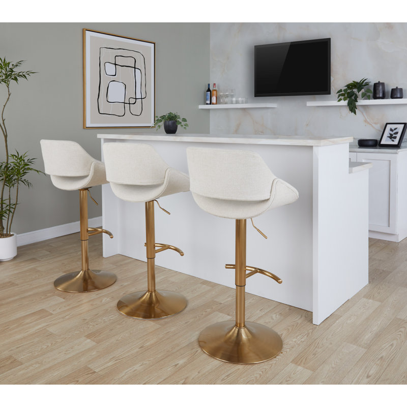 Najrin Adjustable Upholstered Bar Stool with Rounded T Footrest (Set of 2), Cream Fabric/Gold Frame