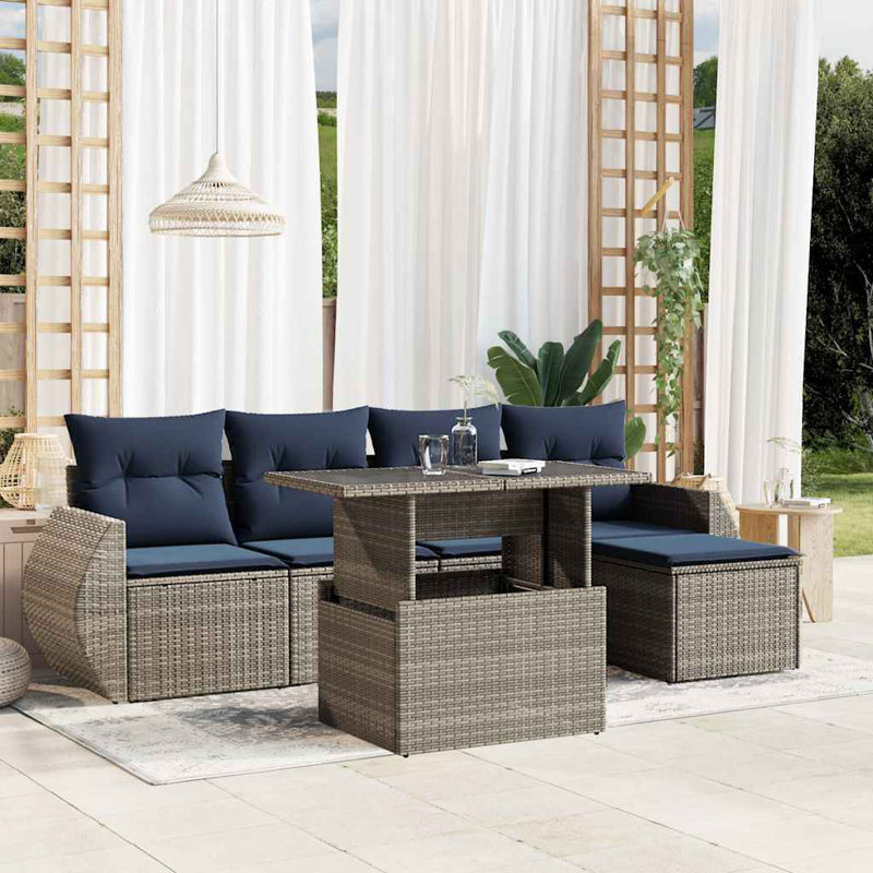 Ensemble de canapé de patio 6 pièces avec coussins en rotin de polyester, Gris, Marine