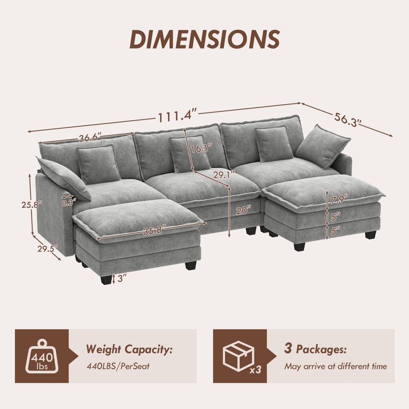 George 111.5" Modern 5 Seat Chenille U Shaped Modular Sectional Sofa With Two Ottomans, Gray Chenille