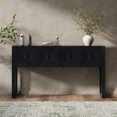 Console géométrique sculptée avec 3 tiroirs à fermeture en douceur, pieds cannelés, canapé d'entrée pour salon, noir