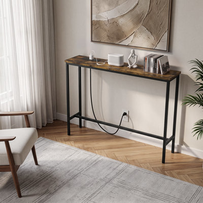 Console étroite de 80 cm avec station de recharge, table d'entrée marron rustique avec ports USB et prises électriques pour salon et couloir