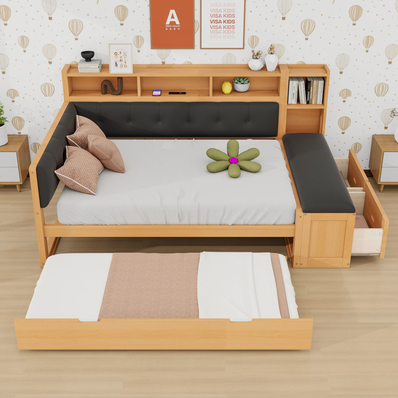 Full Wood Daybed with Trundle, Storage Shelves, and Charging Station, Black/Natural