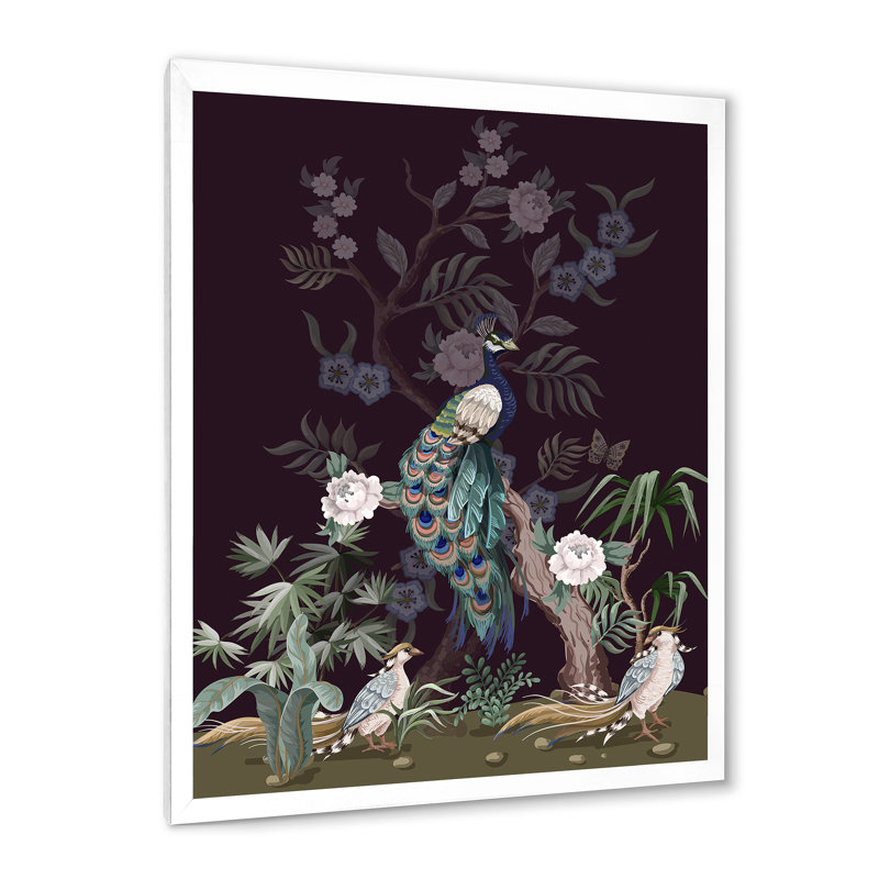Chinoiserie avec oiseaux et pivoines V - Peinture sur toile, H 20 po x l 12 po x P 1po, Cadre photo blanc