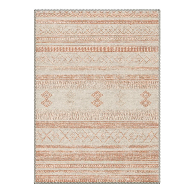 Tapis beige / rose géométrique lavable à la machine avec envers antidérapant, Rectangulaire 8 pi x 10 pi
