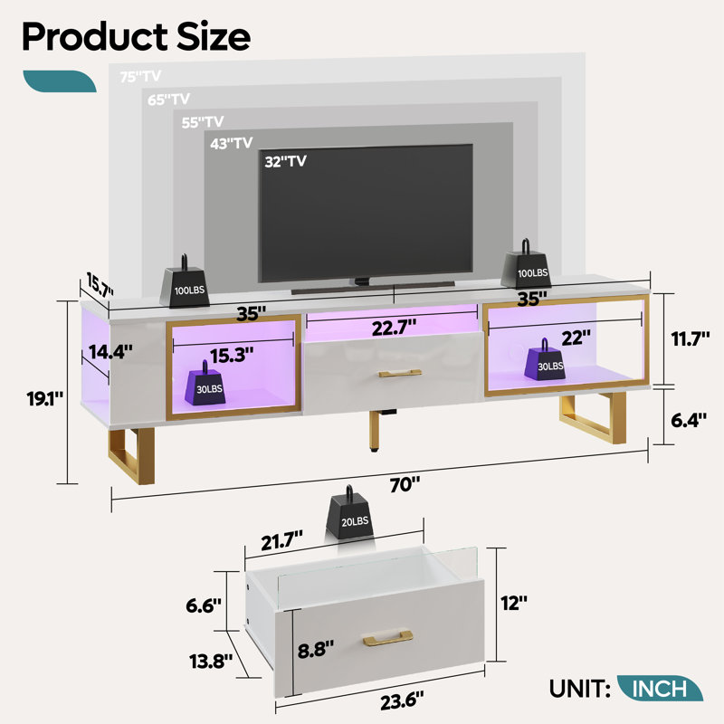 Martee 70" Led TV Stand for 75/80 inch TV, Glossy Media Console with Half-Glass Drawer, White Glossy