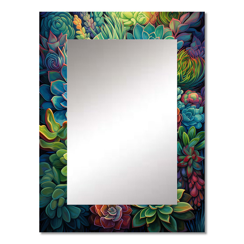 Green Blue Succulents Succulent Paradise I - Succulent Large Wall Mirror, Traditional Unique Mirror, Printed Metal Art