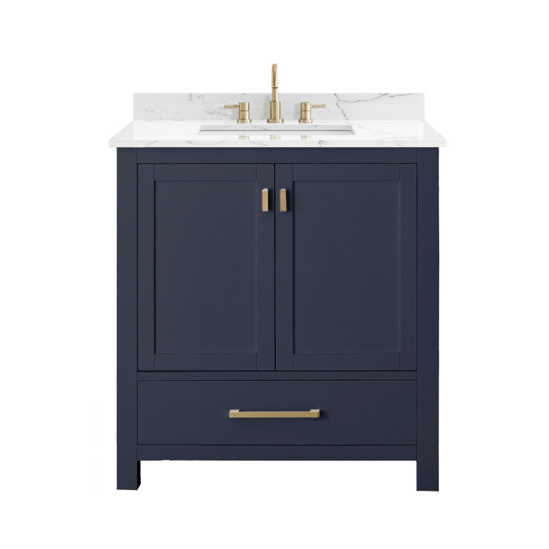 Meuble-lavabo simple 30 po avec plateau Souther, Marine, Marbre blanc de Cala, Doré