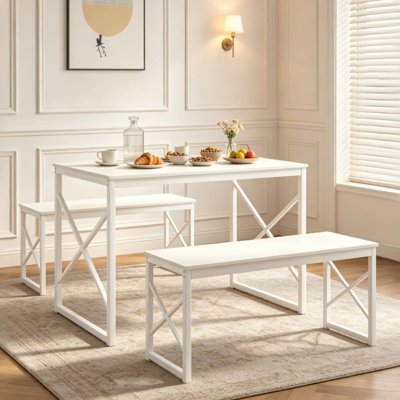 Aithan 3-Piece 43.3 Inch White Dining Table Set with Benches, Rustic Kitchen Table Set for Small Spaces, Modern Farmhouse Dining Set with Bench for Kitchen & Dining Room