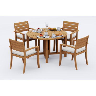 5 Pcs Grade-A Teak Wood Dining Set: 48" Round Butterfly Table And 4 Travota Stacking Arm Chairs #11TV0904
