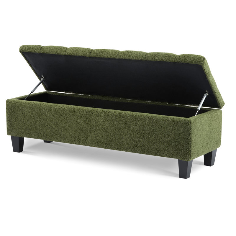 Banc avec revêtement bouclé, espace de rangement, pieds en bois d'hévéa, capacité de 136 kg, capitonnage à boutons et surpiqûres en losange, idéal pour la décoration du salon, 132 cm (L) x 44 cm (l) x 46 cm (H), rangement, support, charnières souples