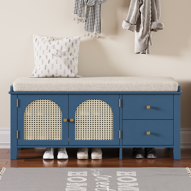 Banc à chaussures en rotin indémodable avec coussin et poignées plaquées or Timeless, Marine