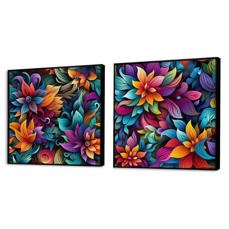 Vibrant Mandala Motif Boho III - Ensemble de 2 collages floraux et botaniques carrés, Cadre flottant noir, H 36 po x l 73 po