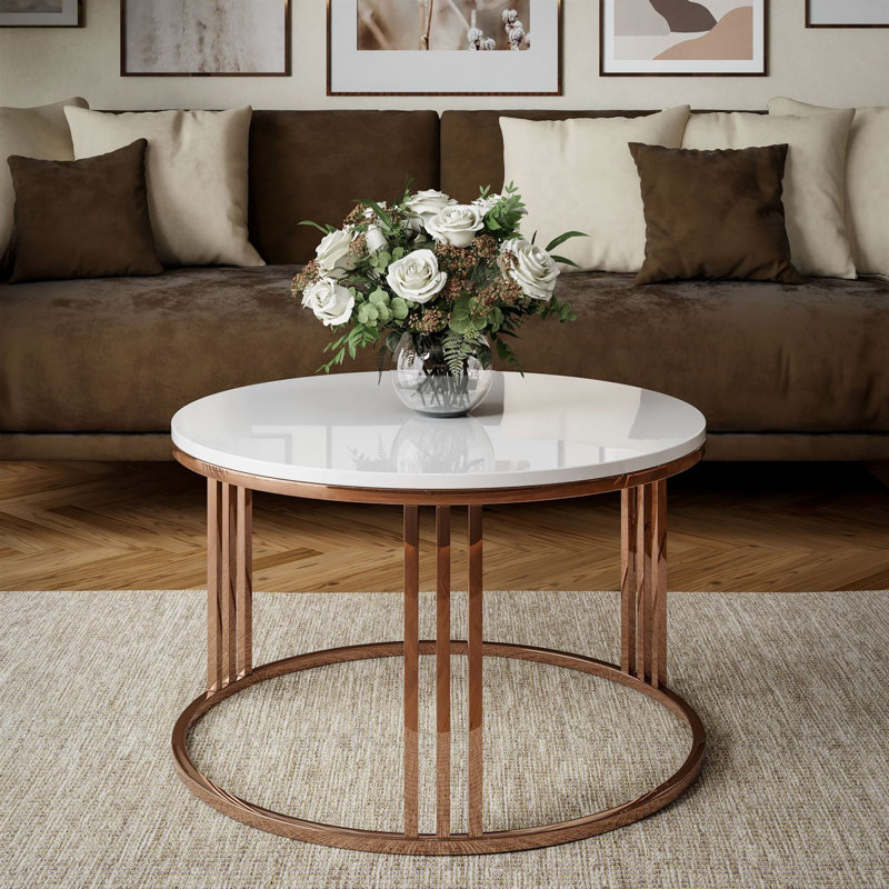 Round Coffee Table – Glossy Top with Copper Frame, White Gloss