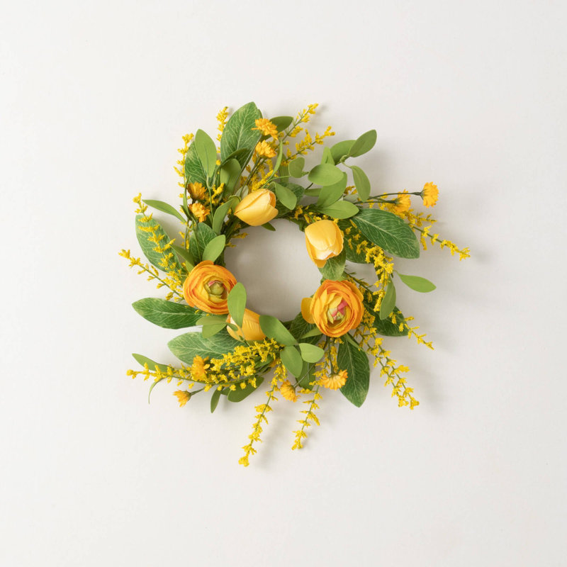 Couronne de renoncule artificielle; Jaune, L 14,5 po x H 14,5 po x P 5 po