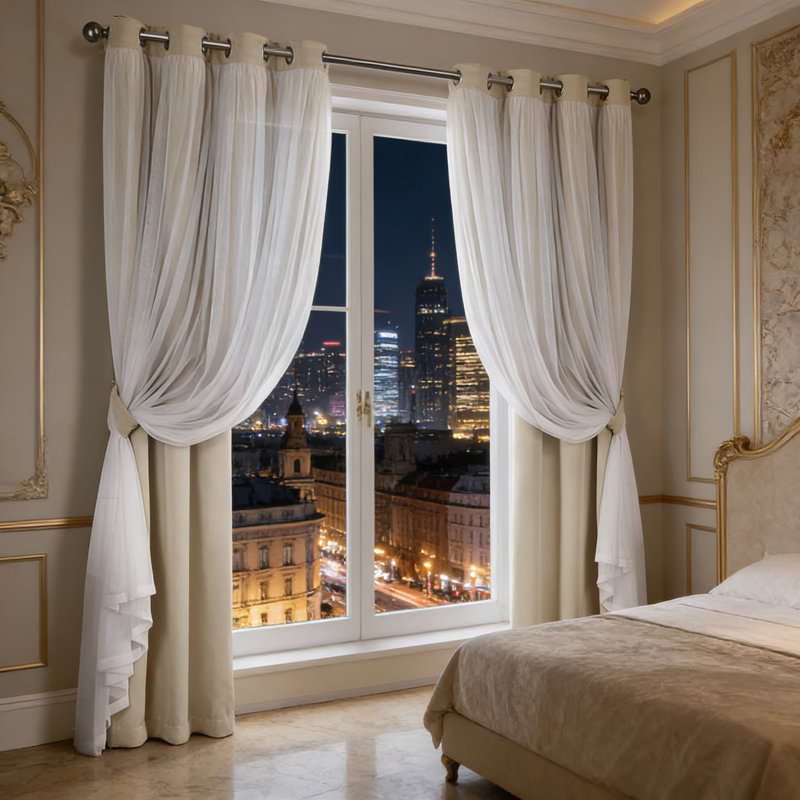 Double Layer Curtains 2-Pack - Sheer & Blackout Room Darkening Panels With Grommet Top, Energy Efficient Indoor Window Drapes