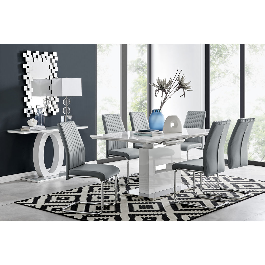 Areza High Gloss Extendable Dining Table Set with 6 Luxury Faux Leather Dining Chairs East Urban Home Chair 