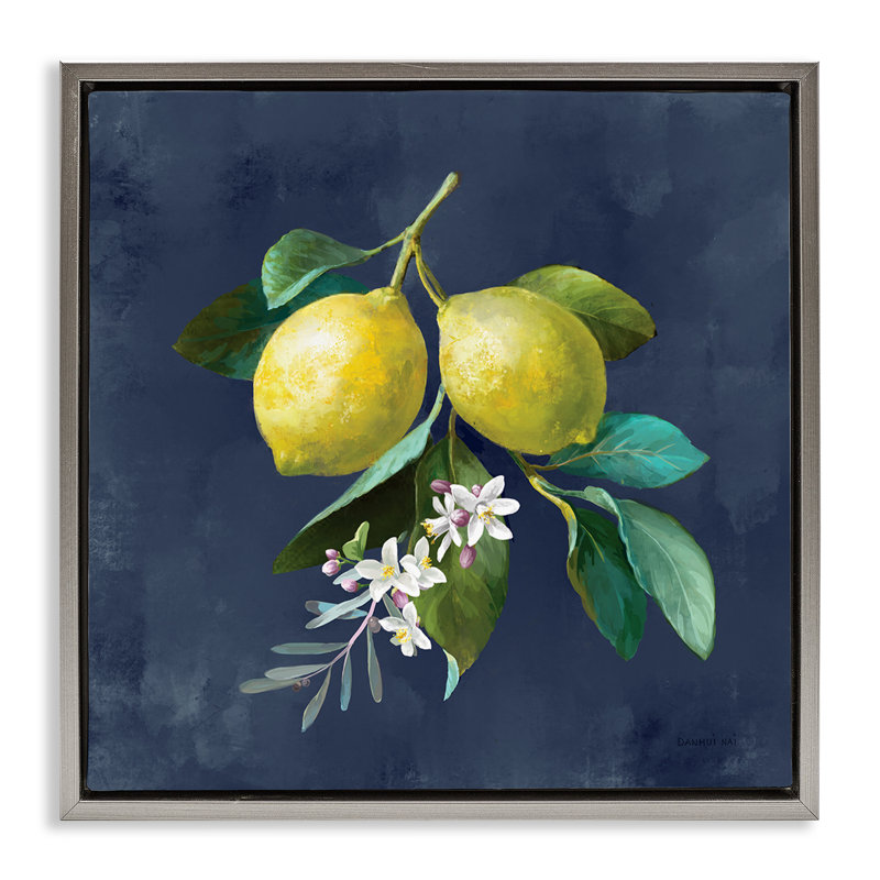 «Lemon Branches on Blue» par Danhui Nai, Cadre flottant gris lustré, H 18 po x l 18 po
