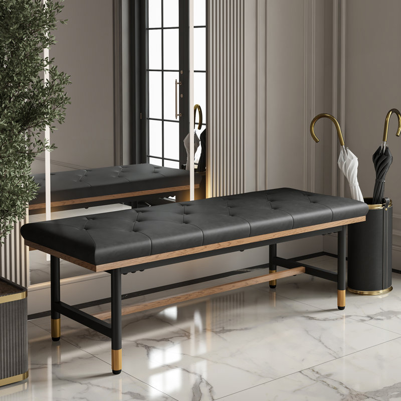 48.43''W Leather Upholstered Bench With Metal Legs, Black