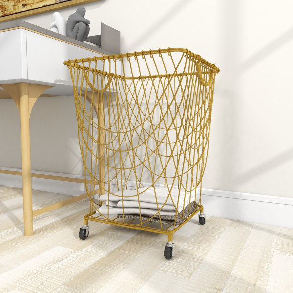 Metal Deep Set Metal Mesh Laundry Basket Storage Cart with Wheels and Handles, Gold, Medium ( 24" H x 16.85" W x 16.55" D)