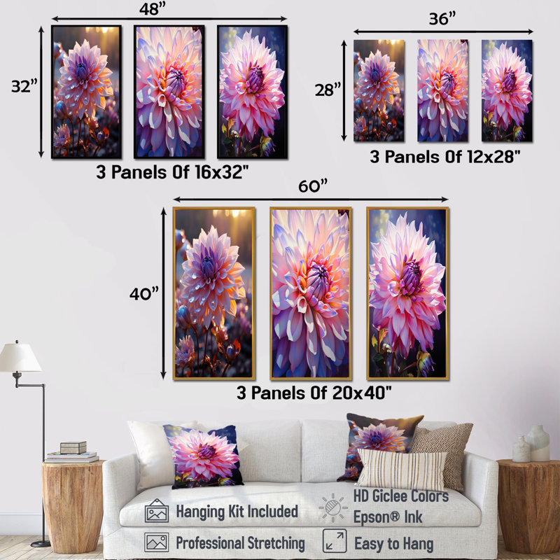 Violet Dahlia Bloom On Sunrise - Ensemble de 4 décorations murales Dahlia, H 28 po x l 36 po, Cadre flottant noir
