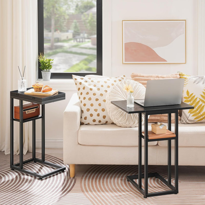 Foldable End Table C Shaped Side Table with Storage Shelf, Black