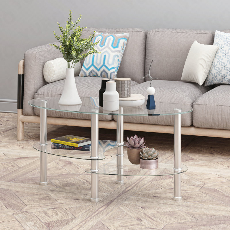 Table basse ovale transparente en verre, table moderne avec pieds en acier inoxydable, table à thé en verre à 3 couches pour le salon