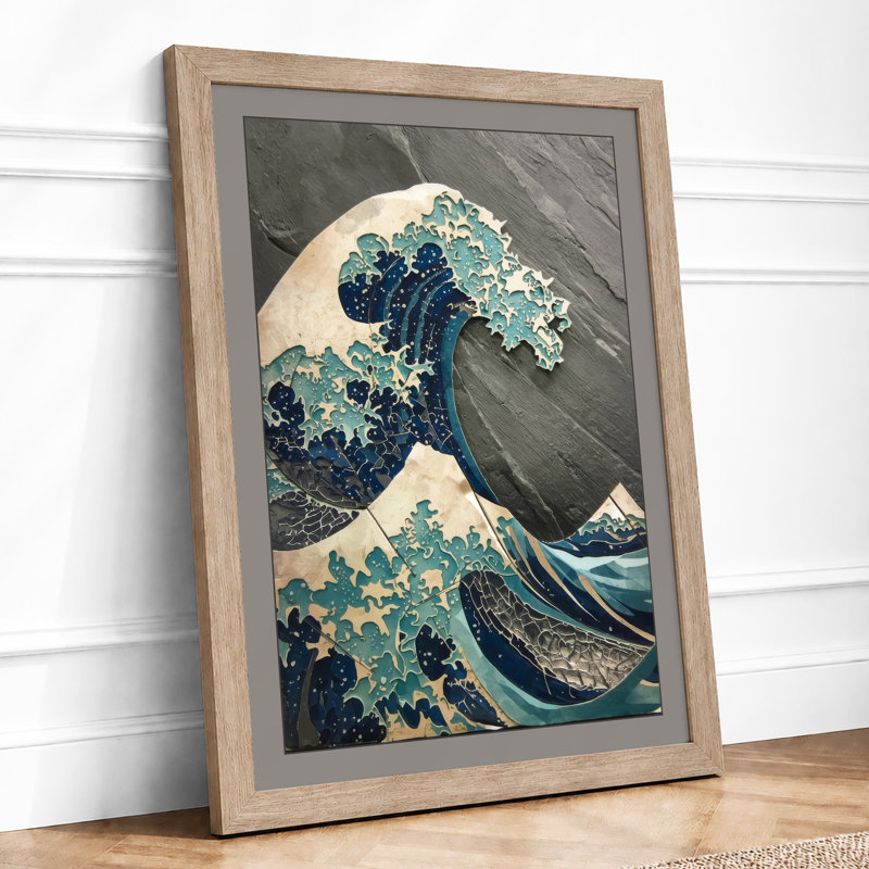 The Great Wave Japandi - Framed Print, A2 - 59.4 x 42.0 cm, Oak