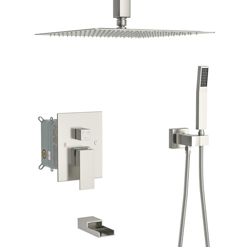 Système de douche avec bec de baignoire en cascade - Plafonnier carré en nickel brossé 3 fonctions à 3 fonctions, valve de pluie et à main Installation rapide et simple Nettoyage rapide
